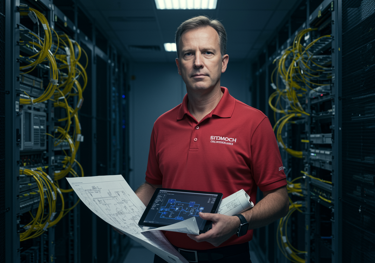 "Retrato profesional de un fundador y director técnico de telecomunicaciones en un moderno centro de datos, sosteniendo un plano y una tablet, rodeado de equipos de red."