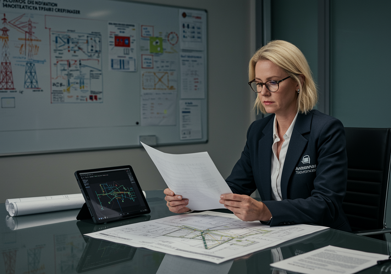 "Imagen de una gerente de proyectos en telecomunicaciones revisando planos de red de fibra óptica en su oficina moderna, con un blazer de Antenas Gática y un fondo de cronogramas en una pizarra."