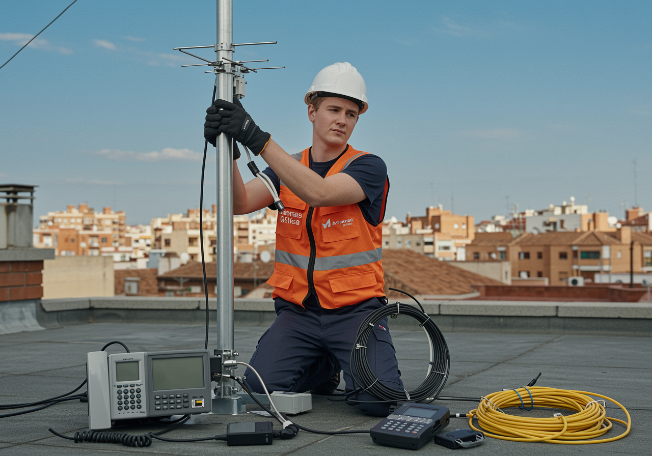 "Joven técnico en el techo instalando una antena con equipo de protección y vestimenta de Antenas Gática en un vecindario urbano español."