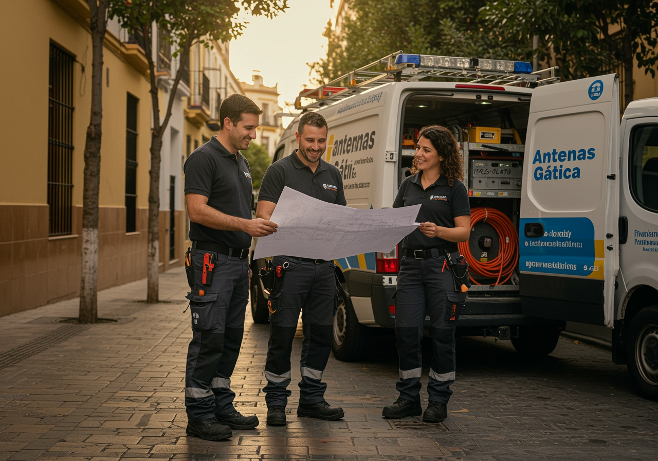 img seccion diferencia "Imagen en 4K de tres técnicos de Antenas Gática revisando planos técnicos junto a su furgoneta en una calle de Sevilla, transmitiendo profesionalismo y confianza."