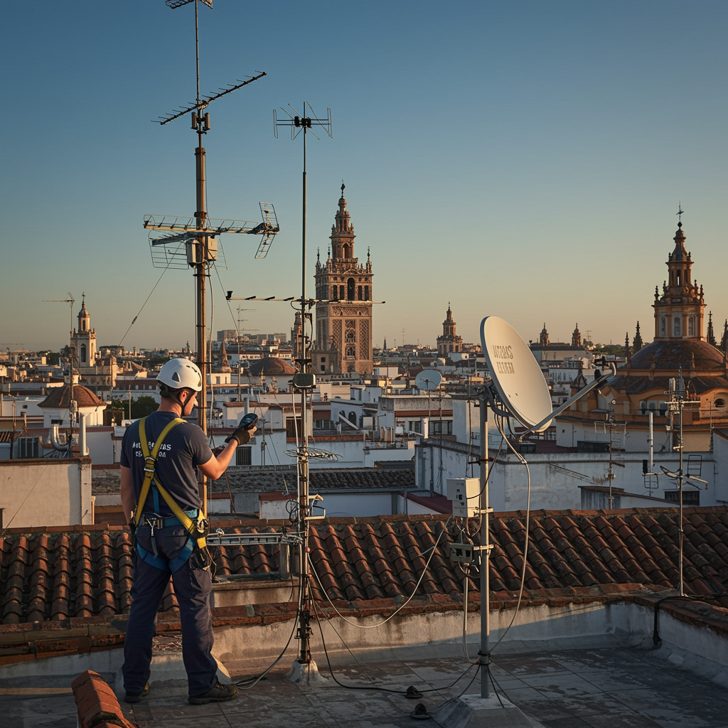 img seccion serviciosRecurso 9 100 "Técnico masculino ajustando antenas y un plato satelital en la azotea de Sevilla, con la Giralda de fondo, destacando su experiencia en telecomunicaciones."