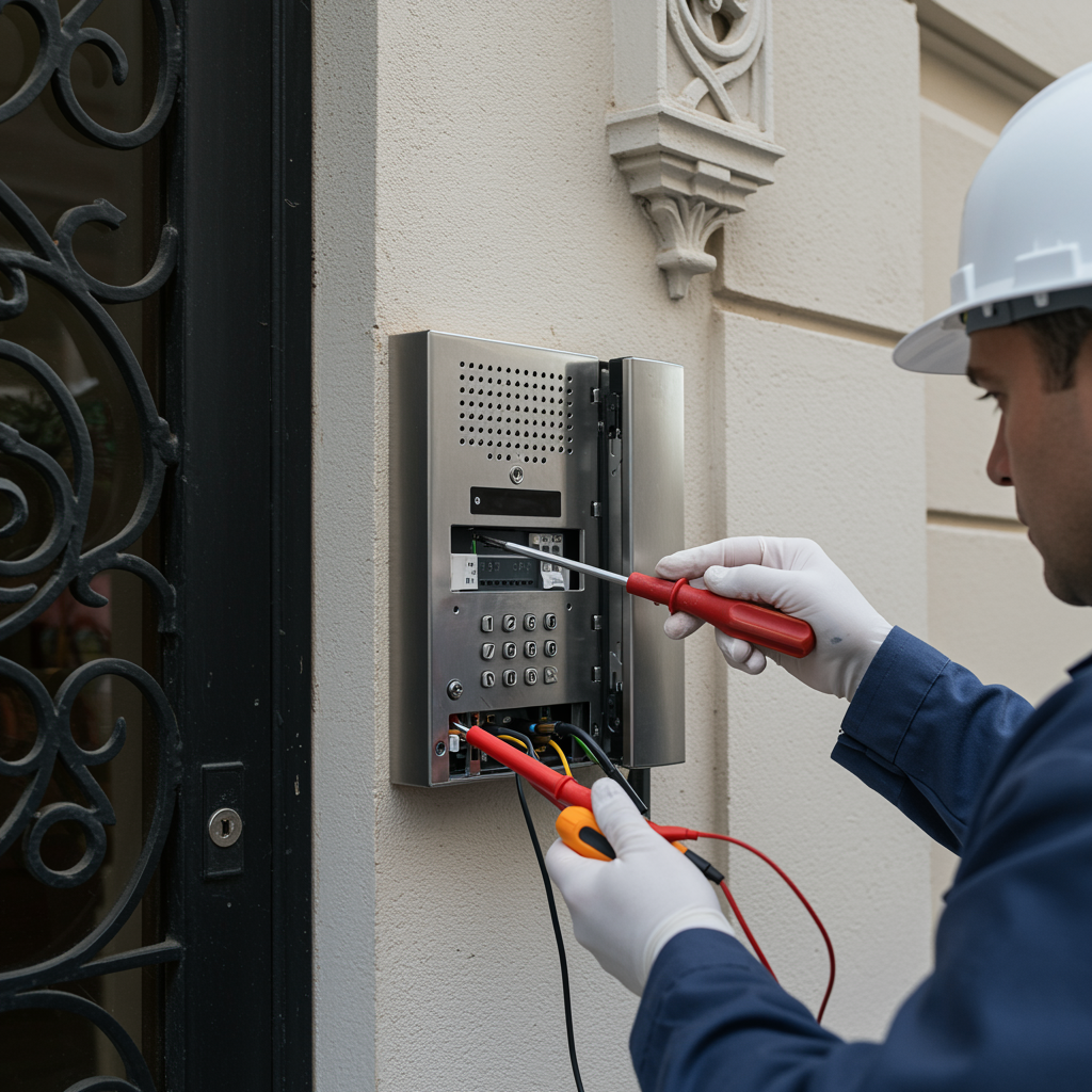 proyecto 1 "Técnico instalando un intercomunicador comunitario en un edificio multifamiliar en Sevilla, con herramientas y cables visibles, reflejando la arquitectura andaluza."