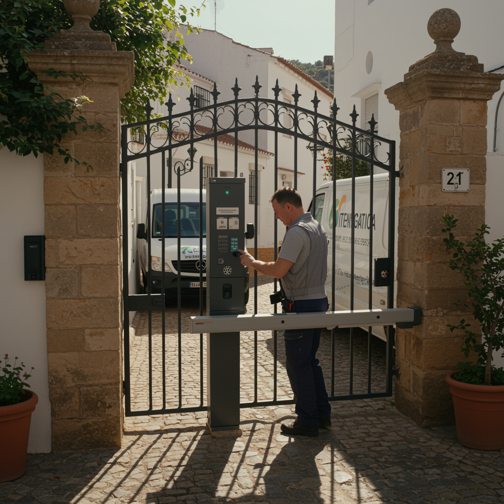 proyecto 4 "Técnico programando panel de control de puerta automatizada junto a una elegante reja de hierro forjado, con una furgoneta de Antenas Gática en una calle empedrada iluminada por el sol."