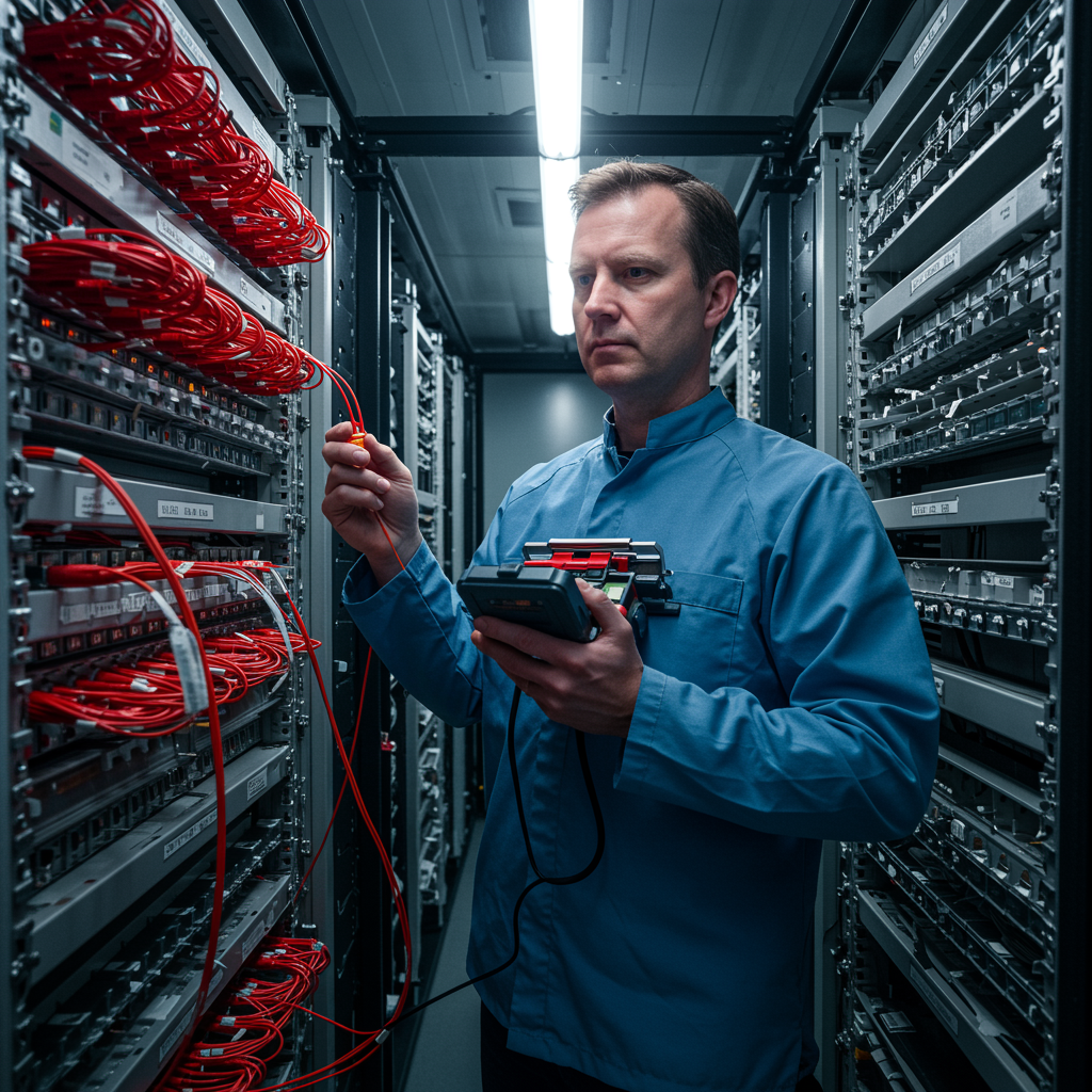 servicio arquitectura legal 2 "Ingeniero de telecomunicaciones examinando cables de fibra óptica en un gabinete de distribución con iluminación LED profesional."