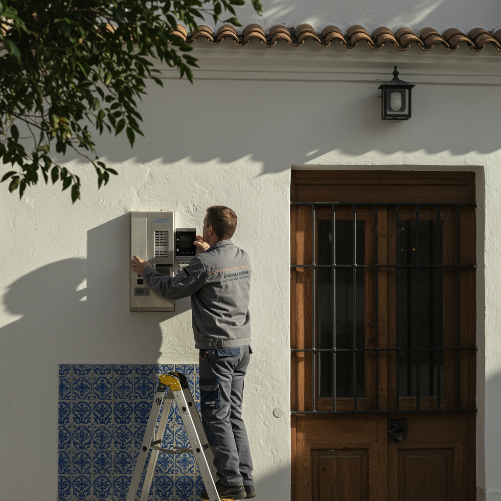 servicio edificacion 2 "Técnico en uniforme de Antenas Gática instalando un video portero moderno en una casa andaluza en Sevilla, destacando la profesionalidad en un entorno soleado."